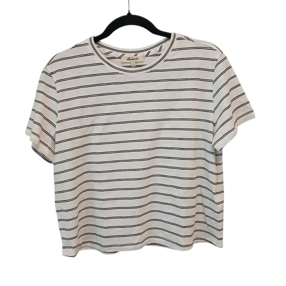 NWT Madewell Sz Small Striped Boxy Short Sleeve Tee White Black Slub Knit Crop